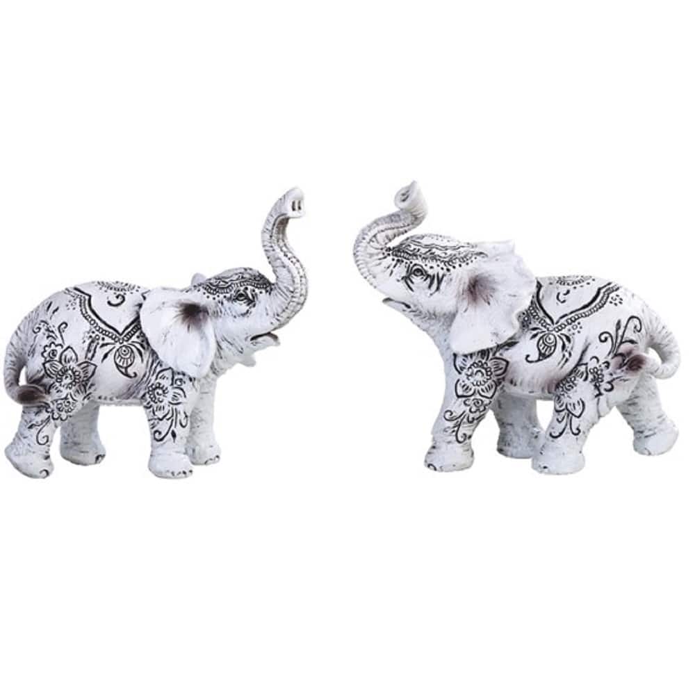 Q-Max 2-Piece Miniature White Elephant with Tattoo 3.5"H Statue Decoration Figurine Set