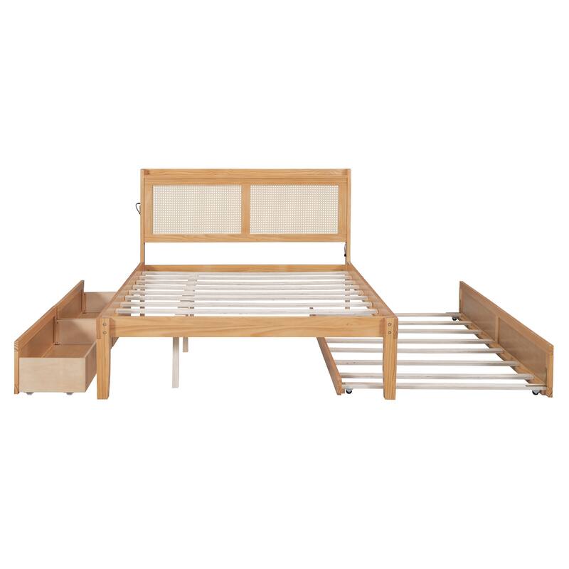 Elegant Bed Frame with Rattan Headboard and Sockets