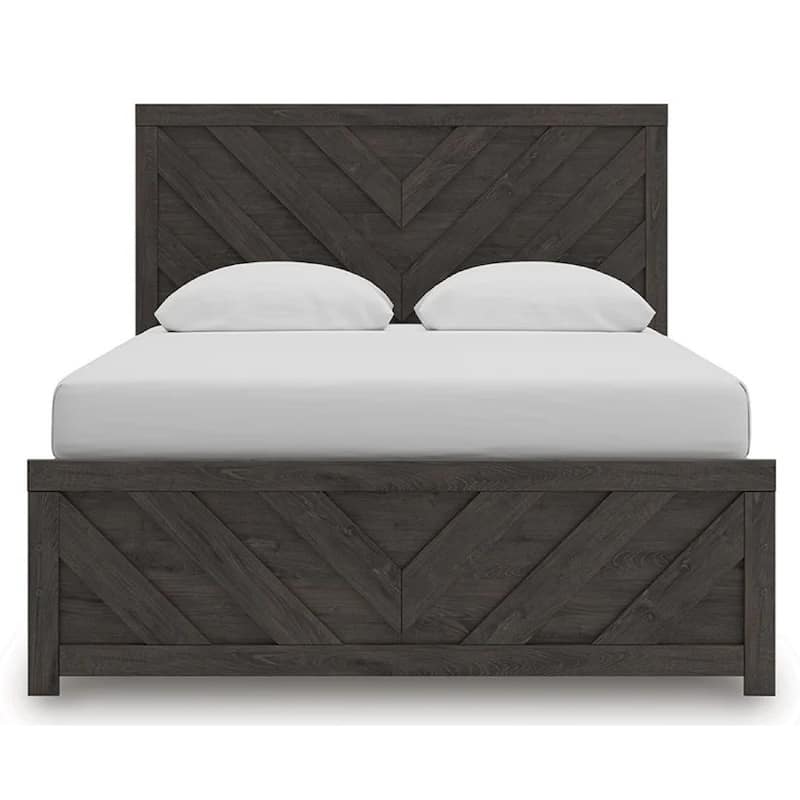 Peny Queen Size Bed, Chevron Pattern, Panel Headboard, Charcoal Black