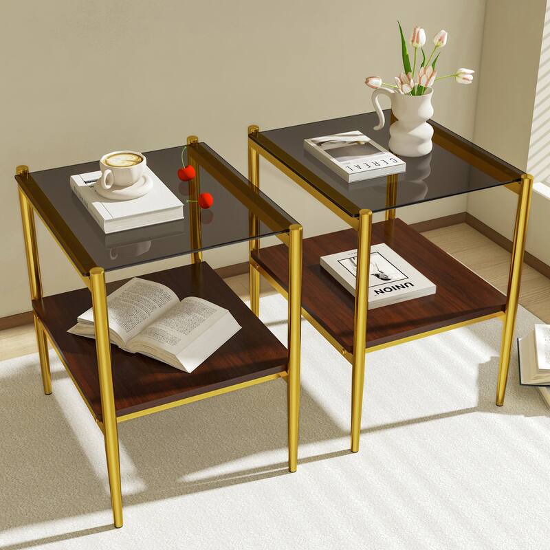 Set of 2 Rectangle End Table Tempered Glass Tabletop with MDF layer