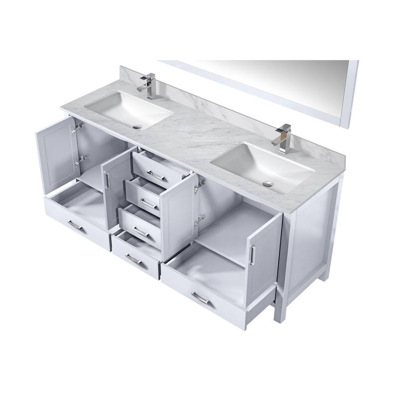 Jacques 72 in. W x 22 in. D Distressed Grey Double Bath Vanity, Carrara Marble Top, Faucet Set, and 70 in. Mirror