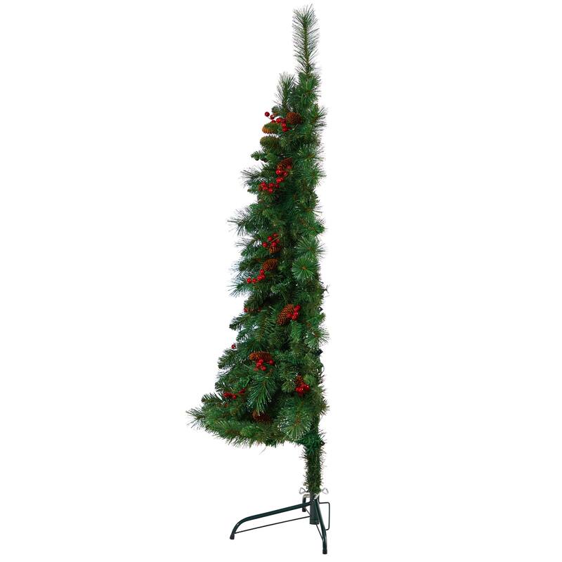 5ft. Flat Back Pine Artificial Christmas Tree with Pinecones, Berries & 110 Warm White Lights - Space-Saving Holiday X-Mas Tree