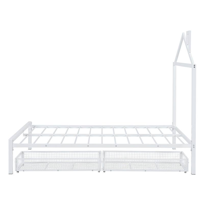 Full Size Metal Platform Bed with Two Drawers and House-Shaped Headboard