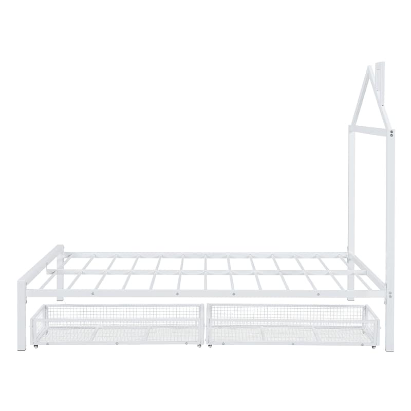 Metal House Platform Bed for Kids with Drawers, Twin Size