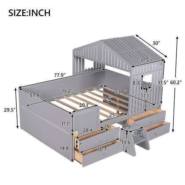 dimension image slide 1 of 2, Full Size House Low Loft Bed with 4 Storage Drawers, Sturdy Pine Wood Bedframe with Full-Length Guardrails for Kids Bedroom