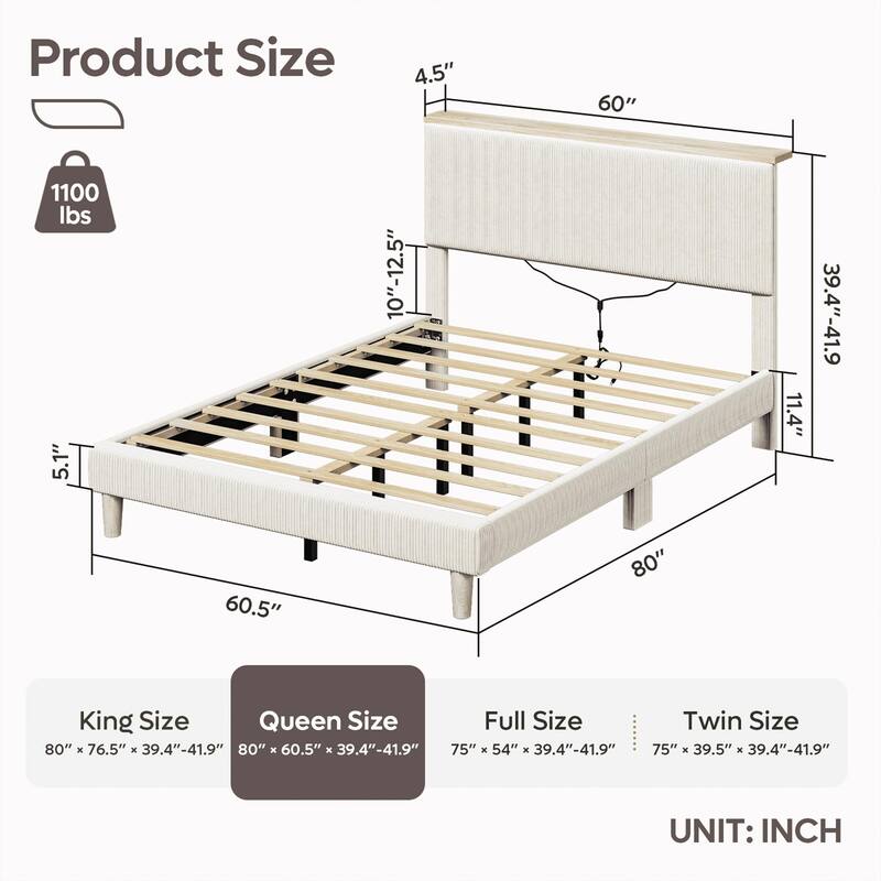 Bestier Bed Frame Velvet Upholstered Platform Bed Frame with Storage Headboard and LED Lights