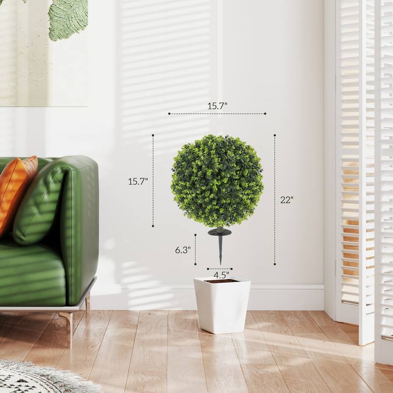 Set of 2 Artificial Eucalyptus Topiary Balls Realistic UV Resistant with Aluminum Stake for Indoor - 15.7" Dia. x 22.1" H