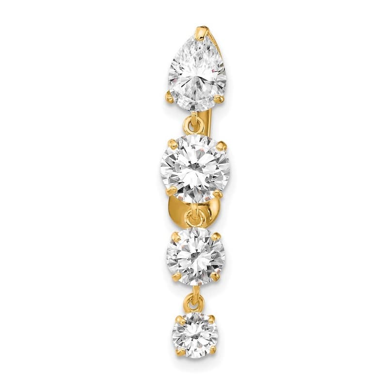 Curata 10k Yellow or White Gold 14g Top Down 4 Stone Simulated Diamond Belly Ring Dangle - 6x28mm