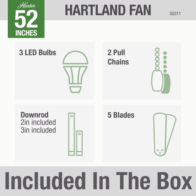 Hunter 52" Hartland Ceiling Fan with 3-Light LED Light and Pull Chains - Farmhouse, Transitional