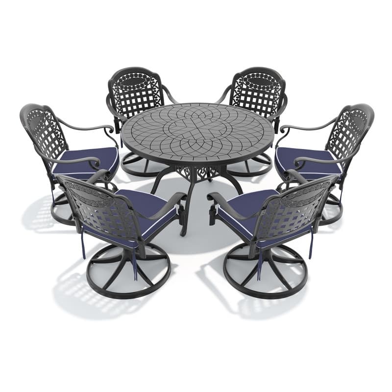 7-Piece Aluminum Rectangular Outdoor Patio Dining Set, 6 Cushioned Swivel Chairs, Table, All-Weather Frames