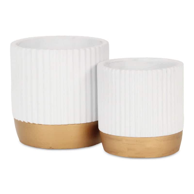 Aurone Round Ridged Ceramic Pot with Gold Finished Base - White