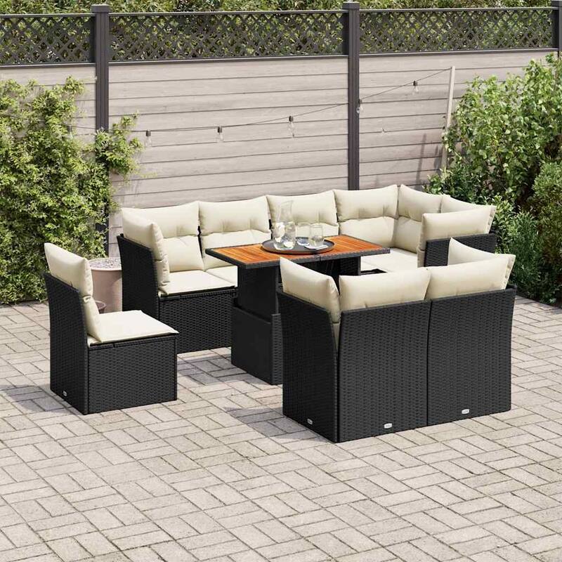 vidaXL Patio Sofa Set with Cushions Table and Lounge Seats 9 Piece Poly Rattan - 21.7 x 39.4 x 28.7 - Black and cream