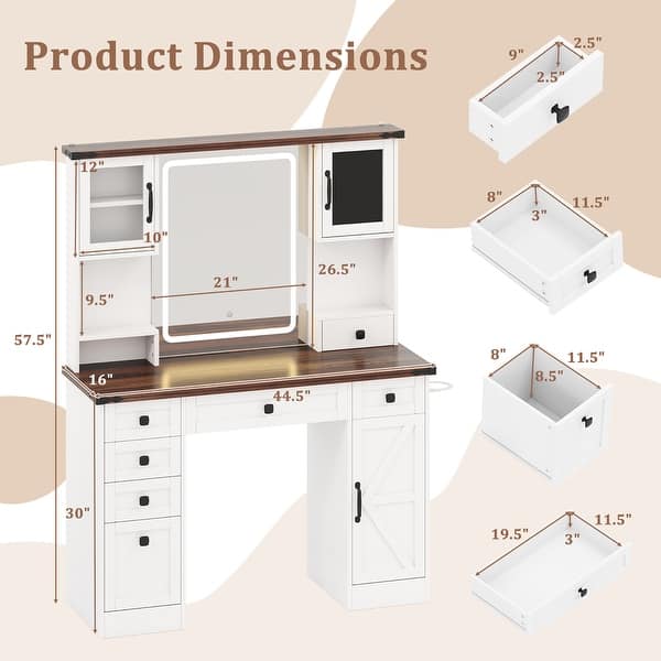 Gymax Farmhouse Vanity Desk w/ Lighted Mirror Makeup Vanity Table w/ 3
