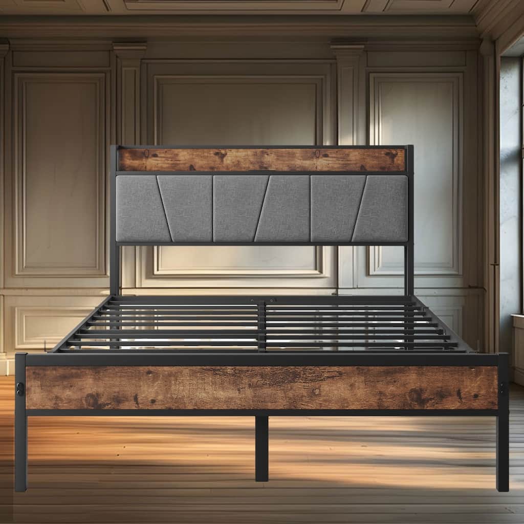 Metal Full Size Bed Frame with Storage Headboard & Charging Station, Easy Assembly, No Box Spring Required