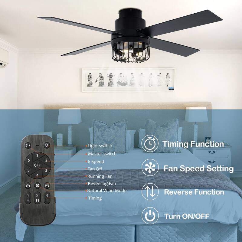 Chichoice 52" Noiseless Black Modern Flush Mount Ceiling Fan Reversible Blades with Light 6 speed Timing Remote Control