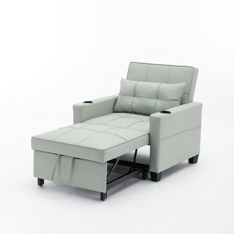Leather Futon Armchair Bed with USB, Cup Holders & 3-Position Backrest