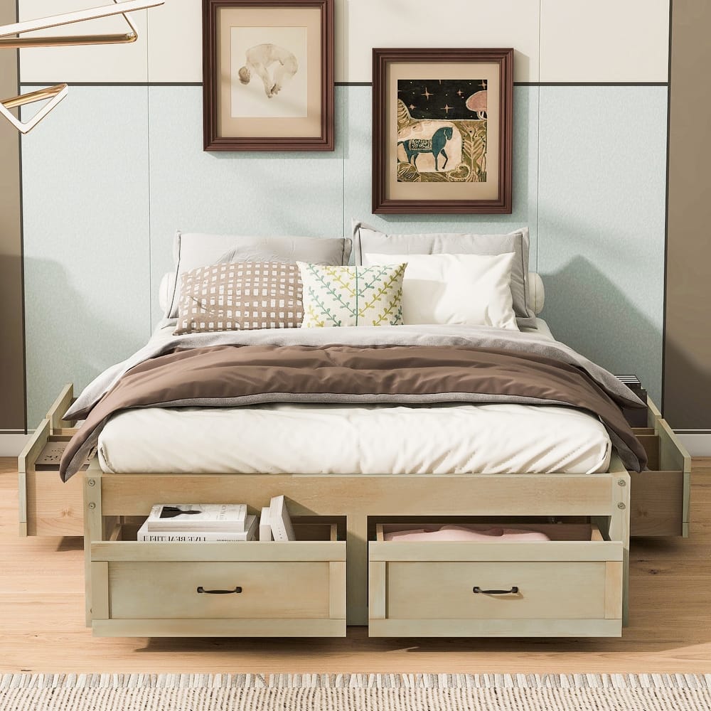 Full/Queen Size Platform Bed without Headboard, Wooden Storage Platform Bed Frame with 6 Drawers, Wood Slats Support