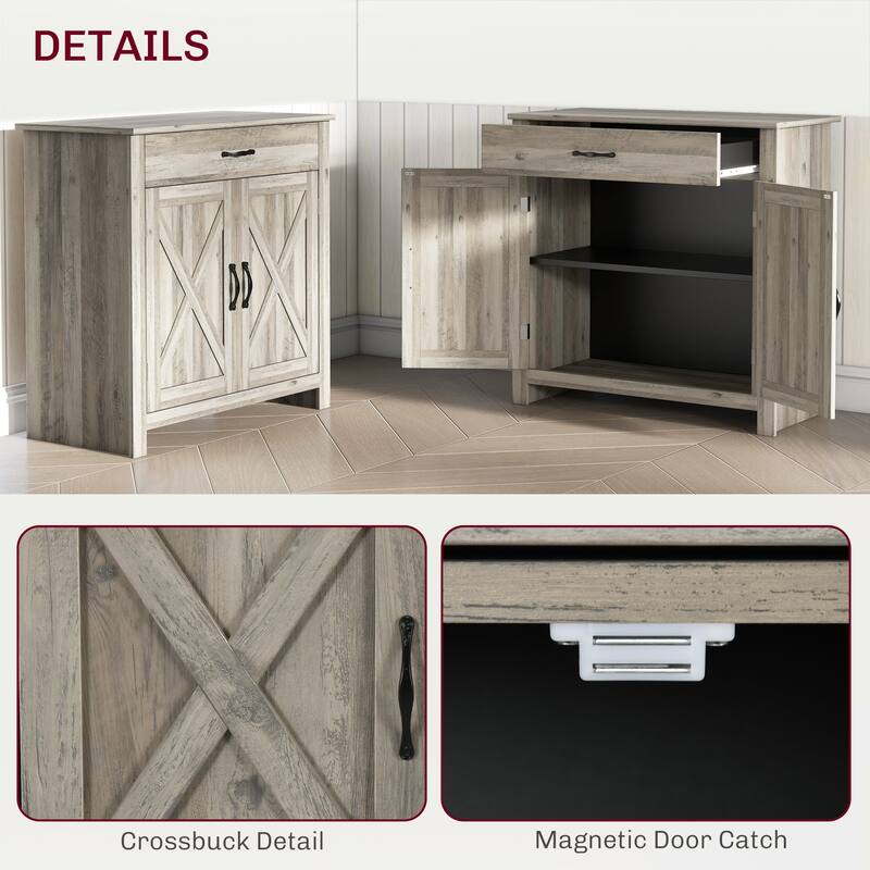 Rustic Barn Door Sideboard with Large Drawer and Adjustable Shelves for Living Room or Entryway