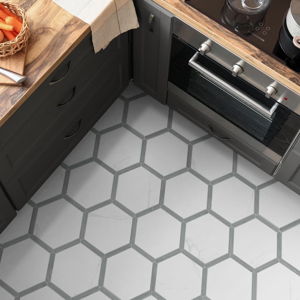 Merola Tile Marwood Panal Calacatta with Grey Picket 8-5/8" x 9-7/8" Porcelain Floor and Wall Tile