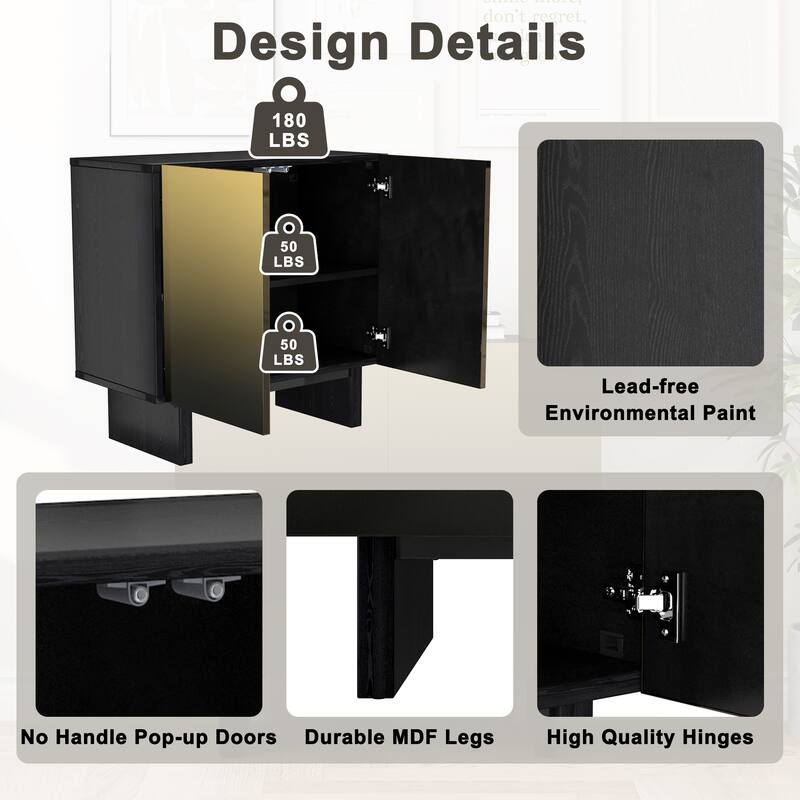 Modern Matte Black 2 Door Accent Cabinet with Gold Wire Mesh