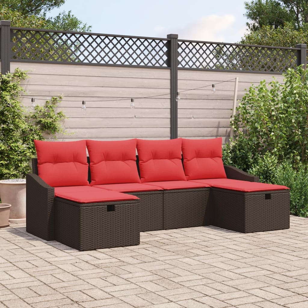 vidaXL 6 Garden Sofa Set with Cushions Black/Brown/Grey Poly Rattan - 98.8 x 46.1 x 27.2