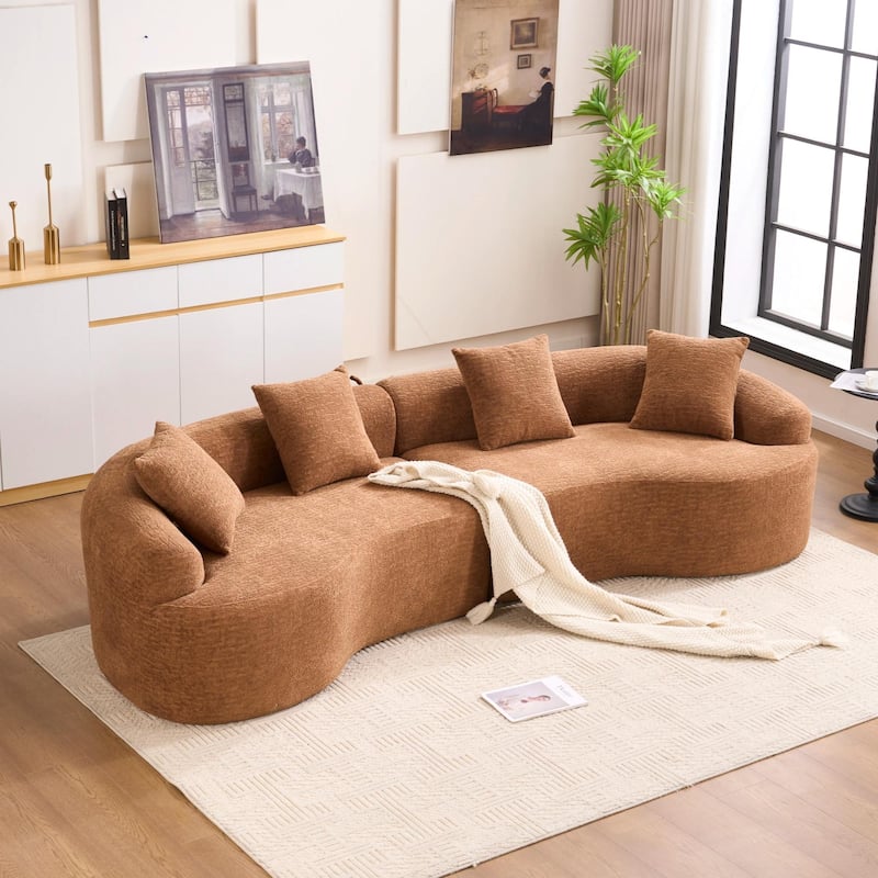 Full Compression Sponge Chenille Curved Sleeper Sofa Couch with 4 Pillows
