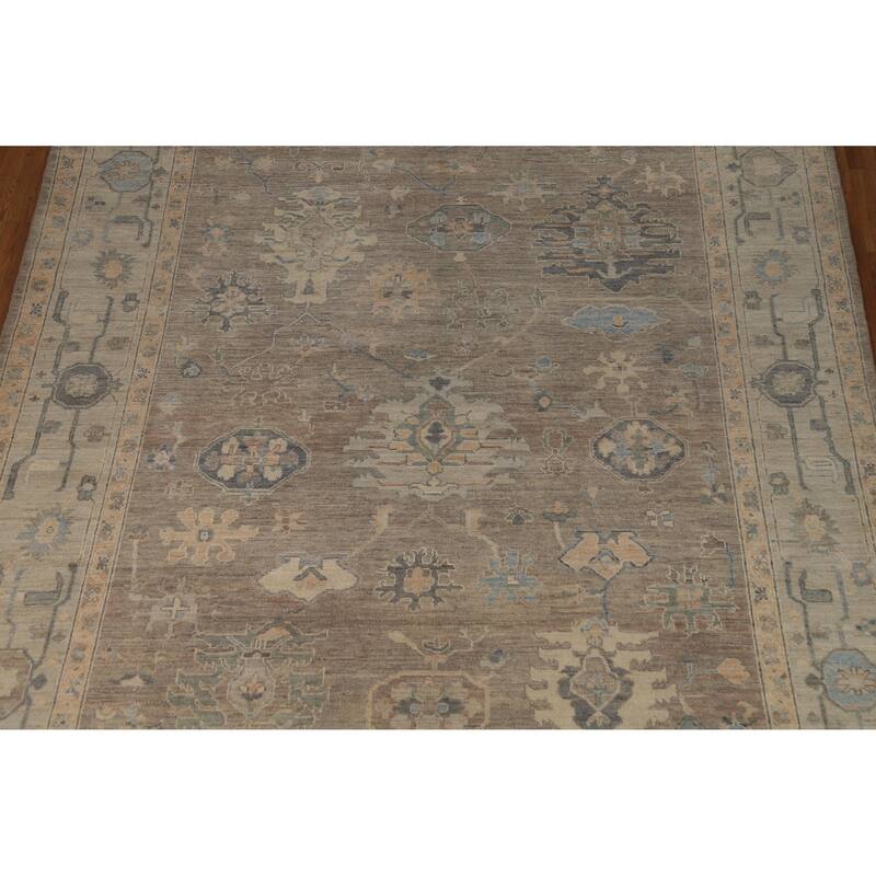 Brown Floral Oushak Turkish Area Rug Hand-Knotted Wool Carpet - 8'1"x 9'10"