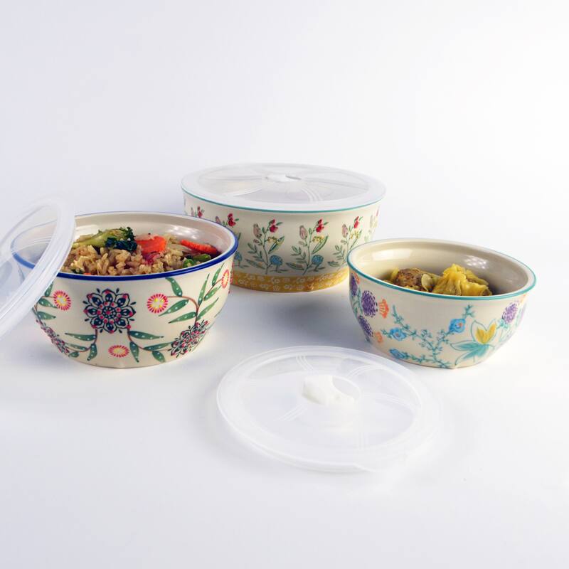 Euro Ceramica Ella 3 Piece Assorted Storage Bowls Set with Lids - Set of 3 with Lids