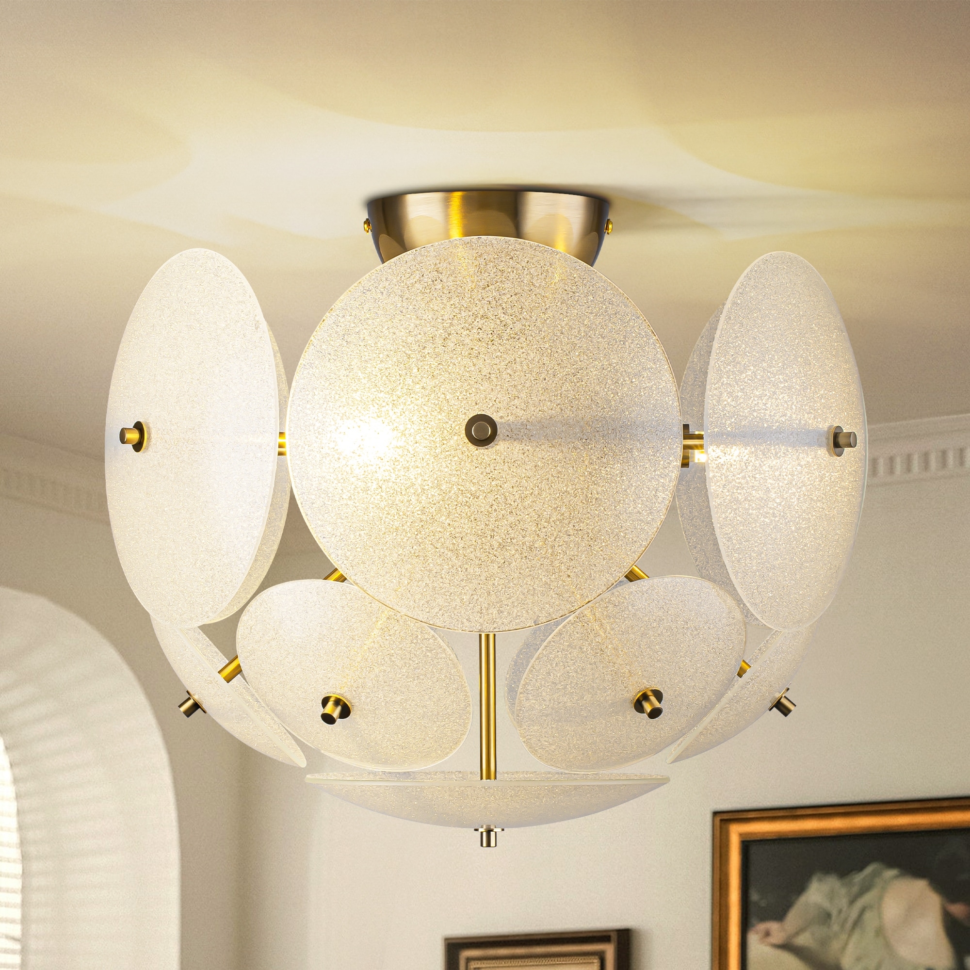 Rennnsan 3-Light Antique Brass Finish Frosted Glass Semi-Flush Mount for Living Room - 3 Light