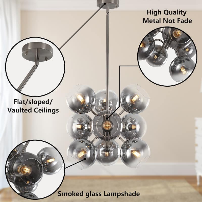 9 - Light Sputnik Chandelier, Smoked Glass Shades, Brushed Nickel Frame - Sand Nickel