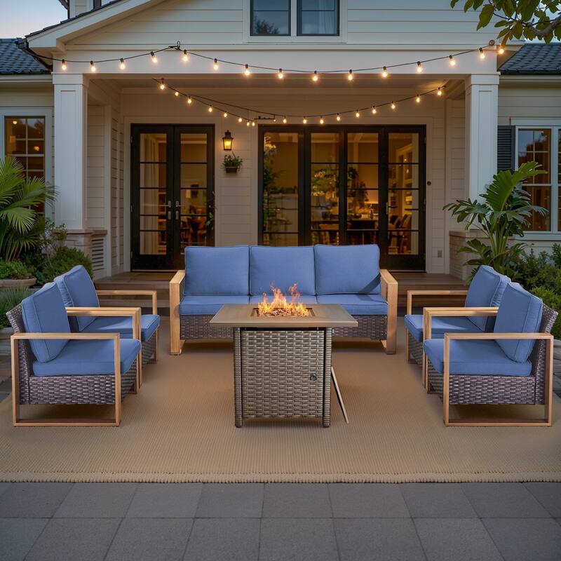 Pocassy 4/6/8PCS Sofa Swivel Chair with Fire Pit Table Set - Brown Wicker Blue Cushion - 6-Piece Sofa Patio Chair with Fire Table