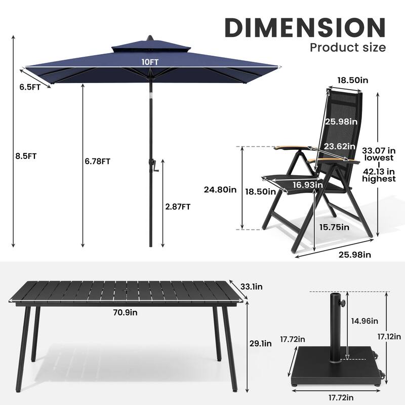 9/11-Piece Outdoor Patio Dining Set Aluminum Dining Table and Folding Chairs w/10 ft Umbrella and Base