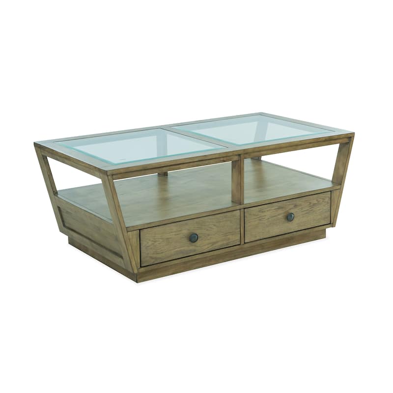 Magnussen Home Hardison Warm Stone And Clear Glass Rectangular Cocktail Table With Casters - 48''W x 26''D x 18.63''H - 48''W x 26''D x 18.63''H