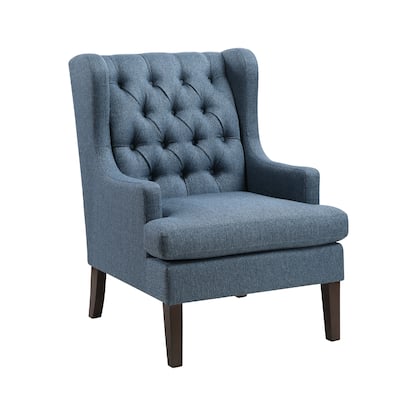 Hosanna Accent Wing Armchair, Button Tufted Blue Polyester, Brown Wood
