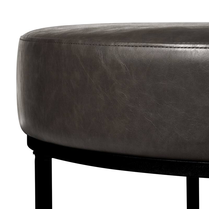 Faux Leather Round Ottoman for Living Room with Metal Legs