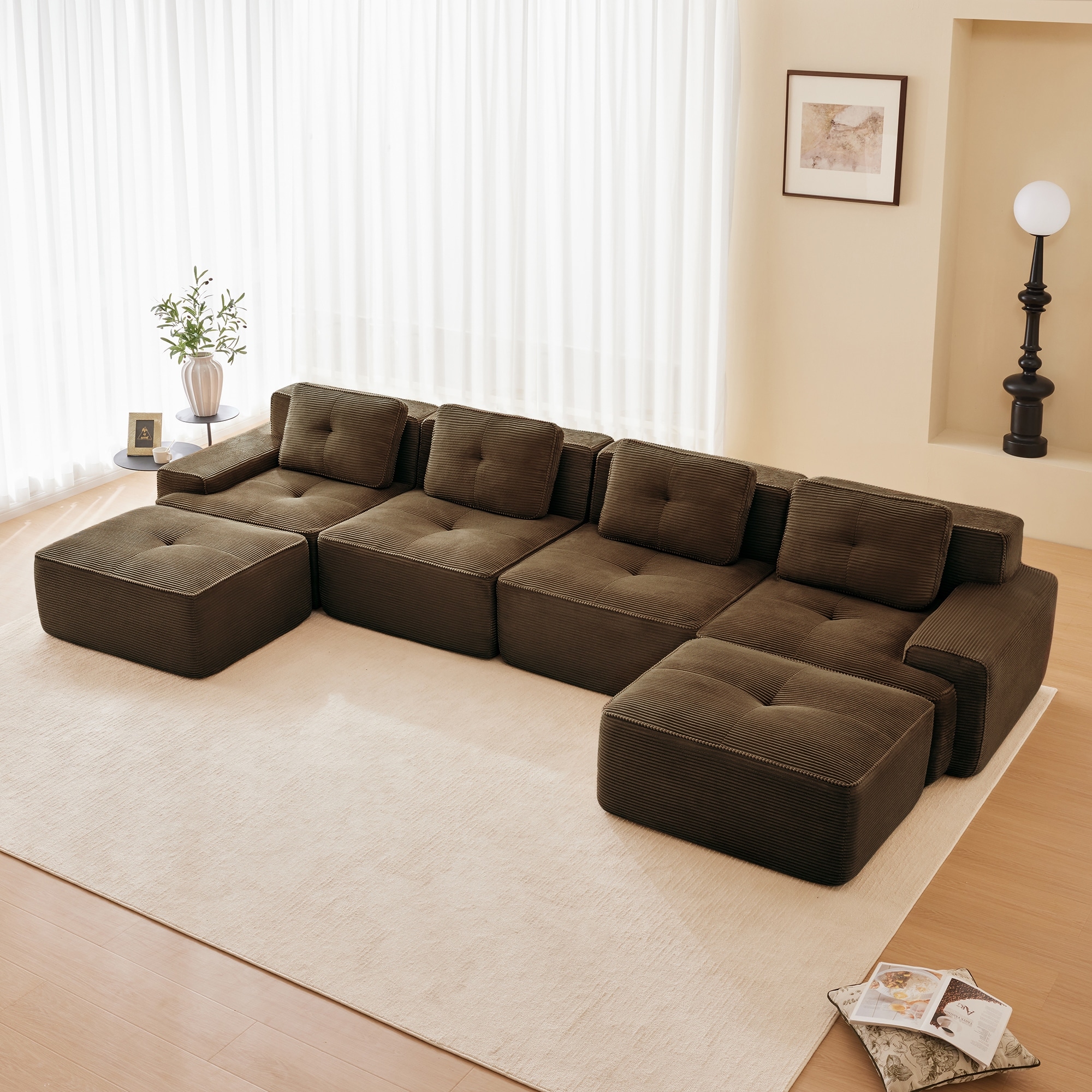 153" Modular Corduroy Sectional Sofa, U-Shaped Couch with Ottoman