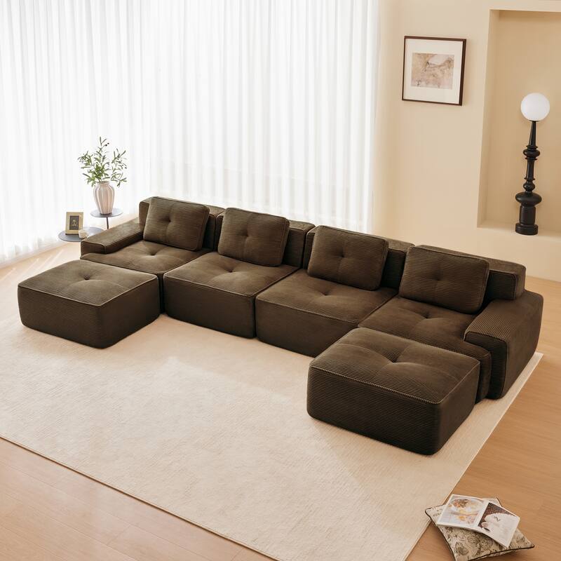 Roomfitters No Assembly Modular Sofa, 117 Inch Corduroy 3-Seater with Piping, Brown