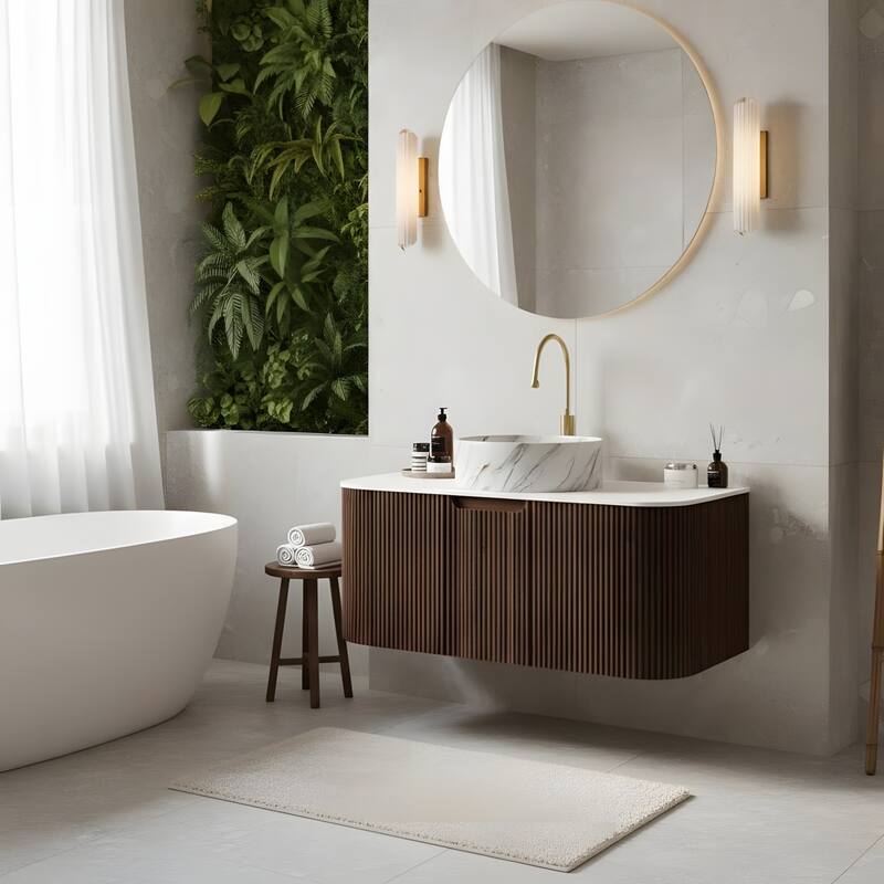 Floating Bathroom with Round Ceramic Basin and Storage Drawer