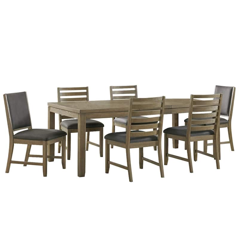 Extendable Dining Table Set 7Pc Acacia Wood Table & Chairs, Gray Upholstered Sidechairs