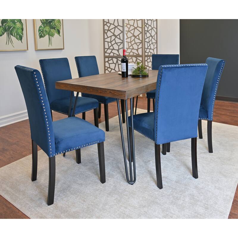 Blue Velvet Upholstered Dining Chairs with Nailhead Trim, Rectangular Dining Table Set, Kitchen Table with Metal Hairpin Legs - Brown Blue
