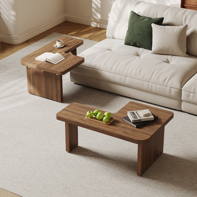 Modern Wood Coffee table, Mid Century Wood Side Table for Living Room, 2 Pieces - Brown