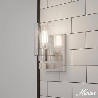 Hunter Hartland 1 Light Wall Sconce - Hallway, Bathroom, Bedside - Round, Clear Seeded Glass - Modern, Transitional - Damp-Rated