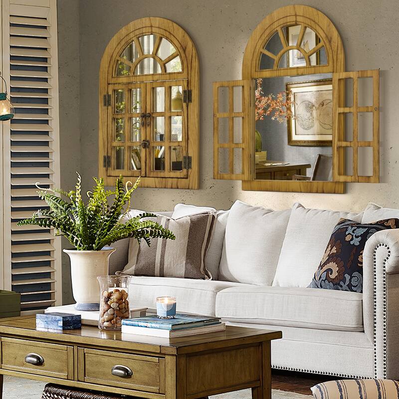 Arched Wood Framed Windowpane Accent Mirror Wall Mirror