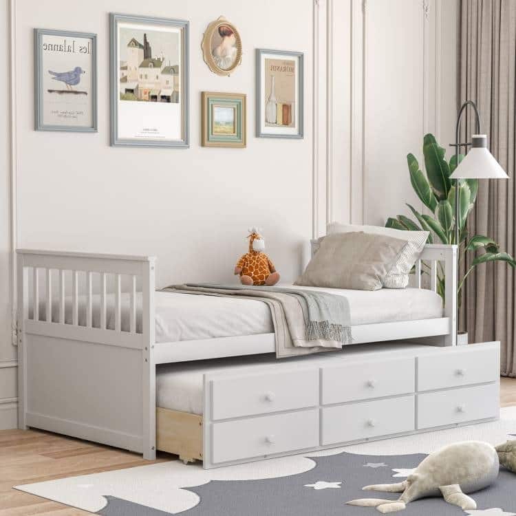 Pine Wood Twin Captain Bed with Trundle and 3 Storage Drawers