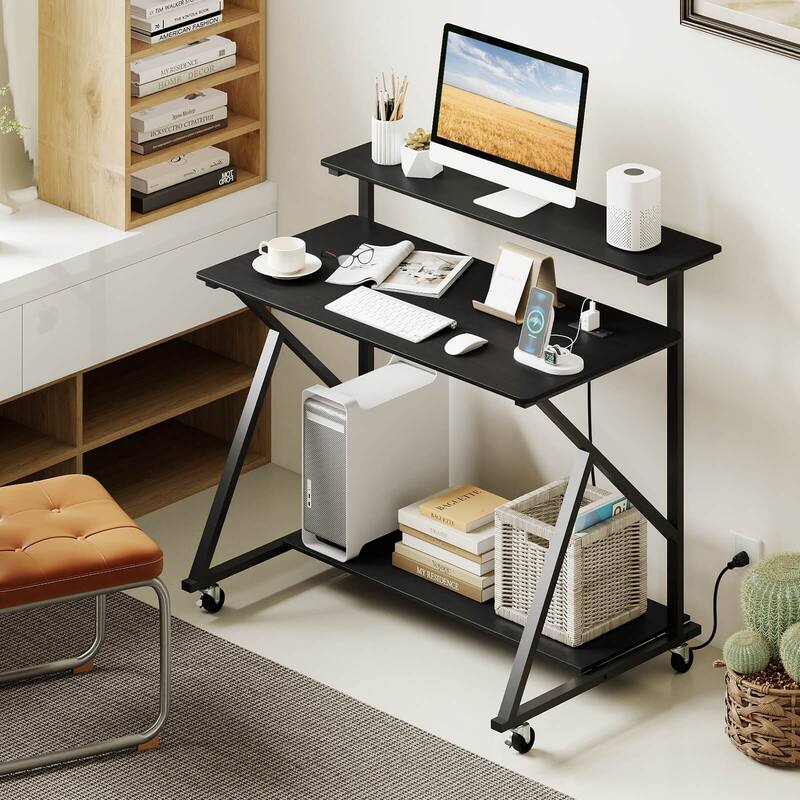 Costway Rolling Computer Desk with Charging Station Monitor Stand