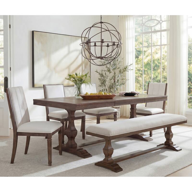 6-pieces Farmhouse Dining Table for 6, 74.8" Kitchen Table Set with 4 Chairs and Bench, Solid Wood Legs and Cushion Seat - Bench & ChairBC