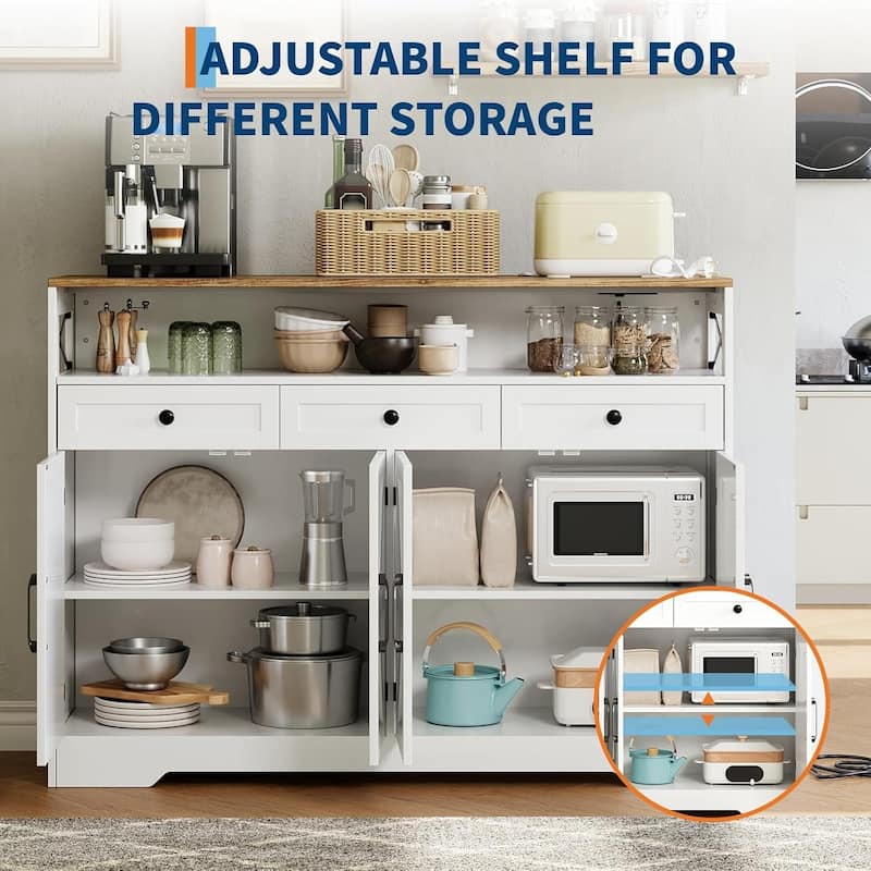 51" White Farmhouse Sideboard with Built-in Charging Station, Shelves and Drawers, White