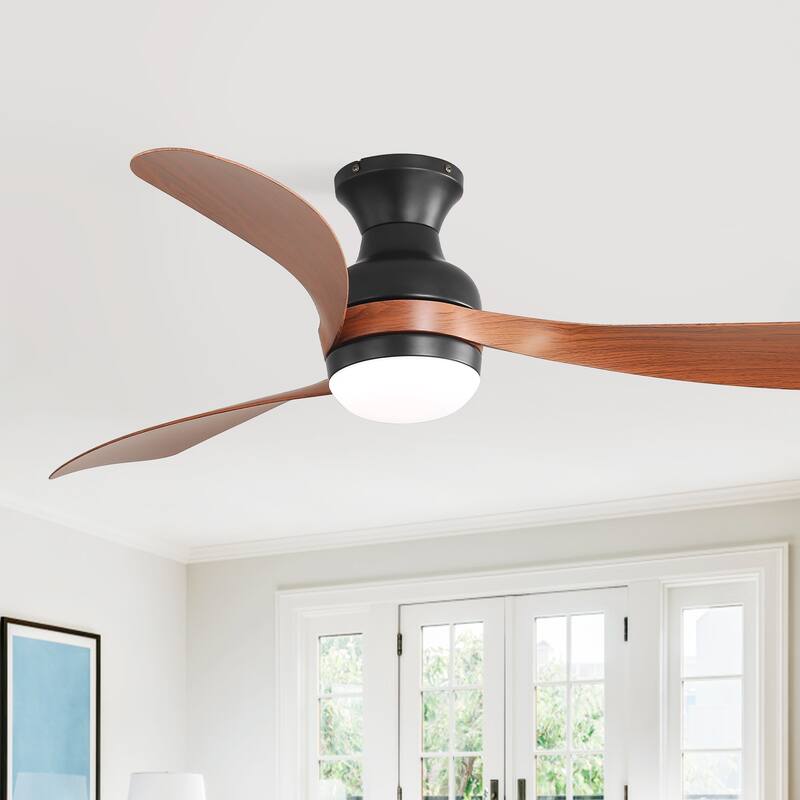 52-Inch Ceiling Fan With Light And Remote Control,With 3 ABS Fan Blades,Flush Mount Ceiling Fan with Reversible DC Motor - Black
