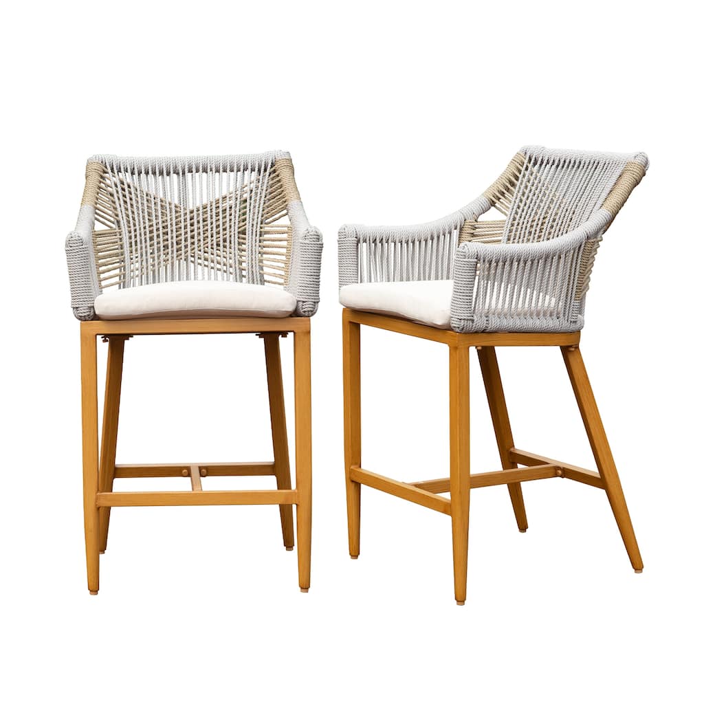 Set of 2 Outdoor Bar Stools with Cushioned Seat and Back, Aluminum Counter Height Bar Chairs with Armrests, for Patio, Pool