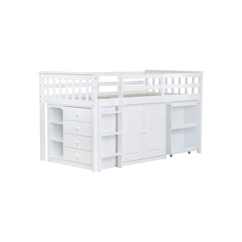 Twin Low Loft Bed Frame Storage Bed with All-in-one Cabinet Shelf Bookcase, Drawers, Guardrail, Ladder Retractable Writing Desk
